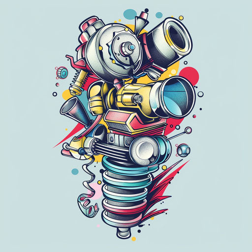 Whimsical flat tattoo sketch of a cartoonish piston with playful automotive accessories