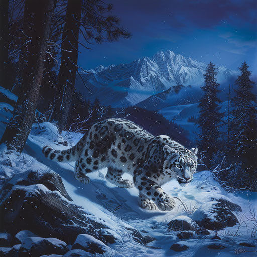 Snow leopard hunting in the twilight