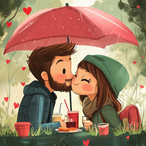 Caricature of a young couple kissing in the park on Valentine's Day