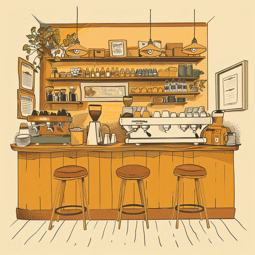 Intricate tattoo sketch of a coffee shop interior