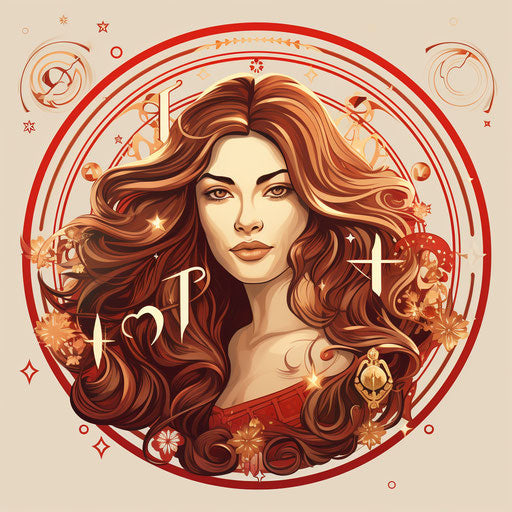 Zodiac sign and woman with long hair, hand lettering style