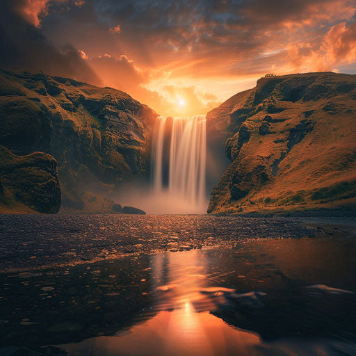 Waterfall with stunning mist and sunset glow
