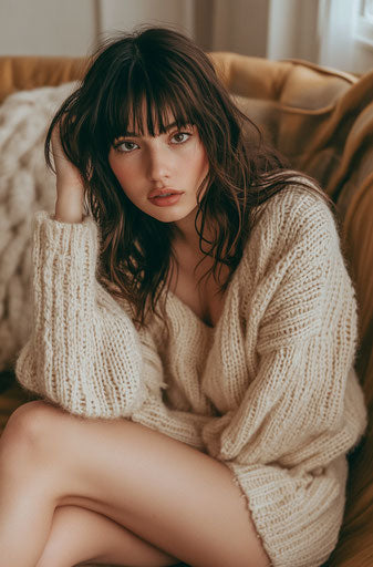 Woman sitting on the couch in beige sweater and short skirt