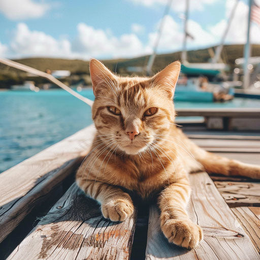 Brown cat lying on a dock