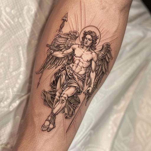 Baroque-inspired tattoo of Saint Michael with dramatic lighting
