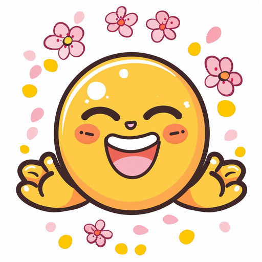 Laughing emoji with pink flowers and yellow hands raised for a high five