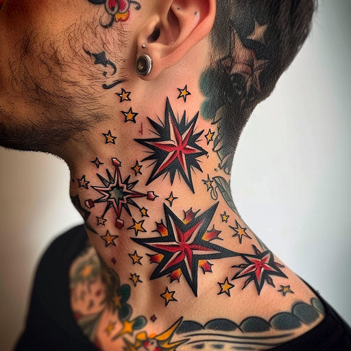 Neck tattoo with traditional nautical stars, Sailor Jerry style