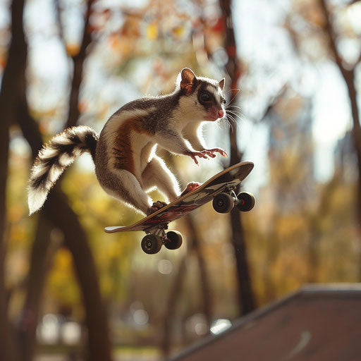 A flying squirrel on a skateboard doing tricks in an urban park