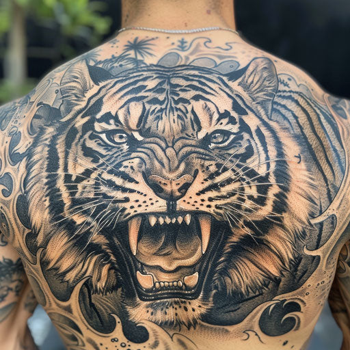 Roaring tiger back tattoo