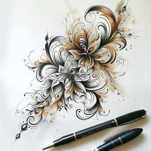 Futuristic tattoo sketch of summer henna designs with metallic effects and modern design