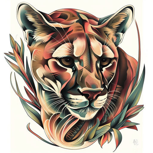 Striking portrait of a mountain lion in bold neo-traditional tattoo style