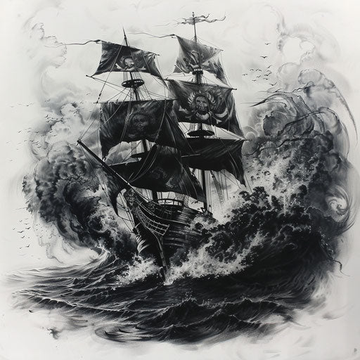 Dramatic tattoo sketch of a pirate ship in stormy sea