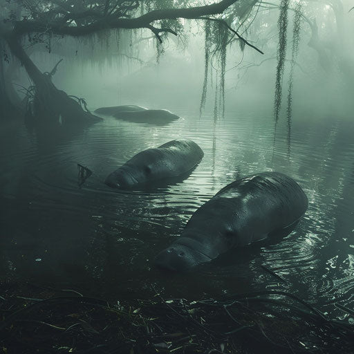 Manatees in a murky river, mysterious and atmospheric, in the style of Vincent Munier