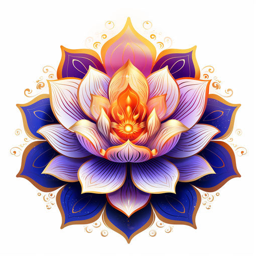 Blue lotus with pink and orange om, light yellow-violet style