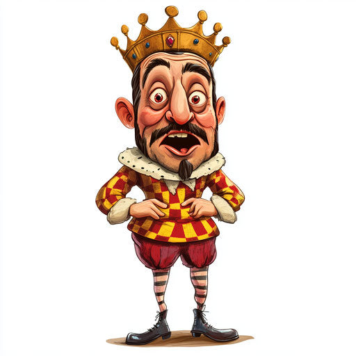 Humorous caricature of a king with human characteristics