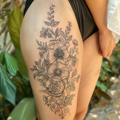 Thigh tattoo with detailed floral designs