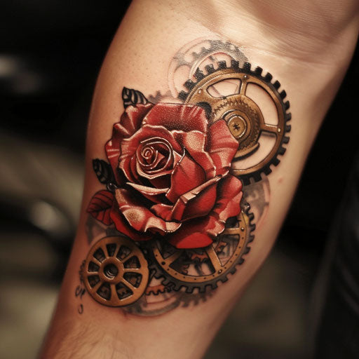 Rose tattoos for men in the style of Adrian Smith featuring steampunk rose gears