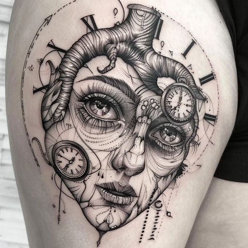 Surreal anatomical heart tattoo on white background