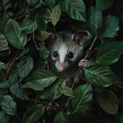 Possum nestled among branches with vibrant green leaves