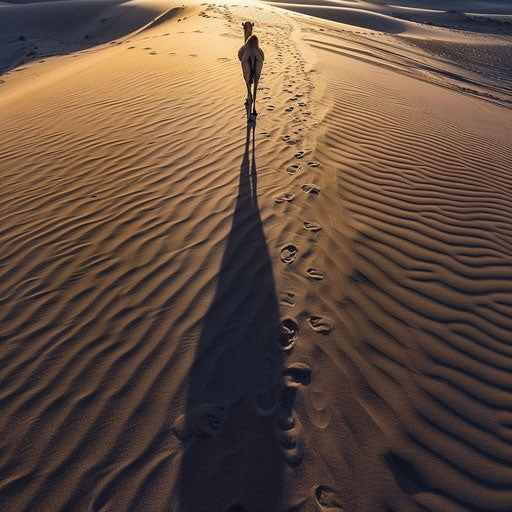Long shadow of a camel in the morning light in the desert