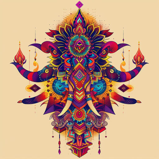 Vibrant flat tattoo sketch for a Sak Yant design with intricate geometric patterns and sacred animals in a clipart style