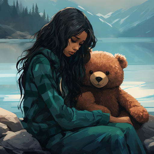 Woman crying over baby's teddy bear with lake in background