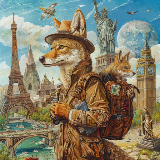 A coyote traveler in front of iconic landmarks worldwide