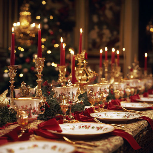 Elegant Christmas banquet table with golden candles and red ribbons