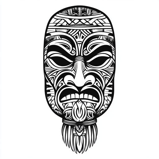 Maori face tattoo with traditional tiki mask