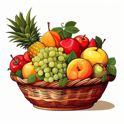 Fruit basket clipart in the style of Chiaroscuro Art, on a white background