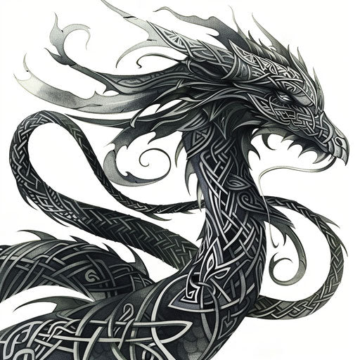 Elaborate Celtic knotwork dragon on white background