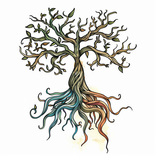 Intertwined roots in vibrant earth tones