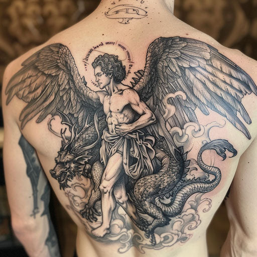 Detailed black and grey ink tattoo of Saint Michael