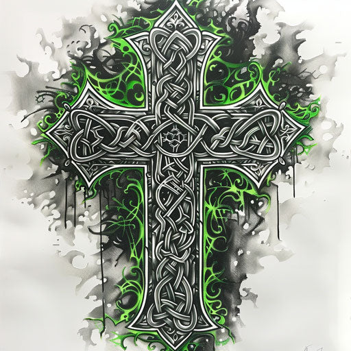 Celtic knotwork and death motifs on a cross