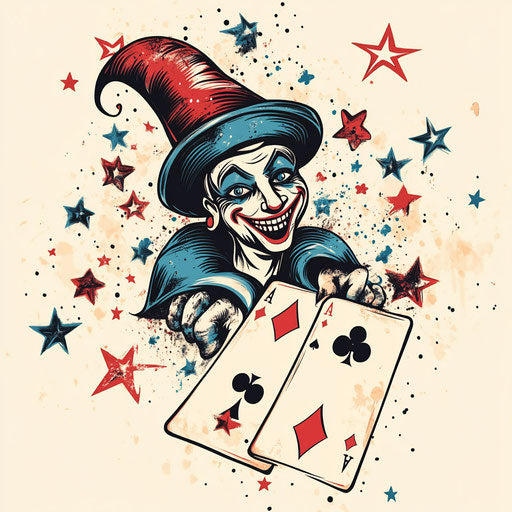 Joker card tattoo design with playful jester and stars