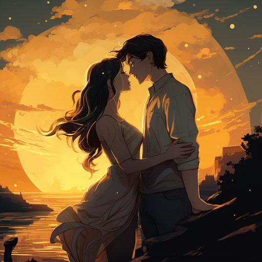 Kiss under light yellow and dark cyan moon