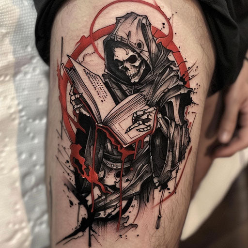 Bold and dark flat tattoo sketch with a shinigami holding the book of life and death