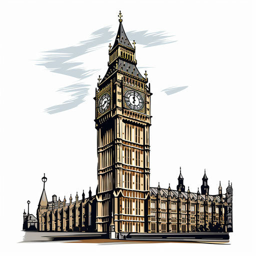 Illustration of Big Ben in the style of Chiaroscuro Art, on white background