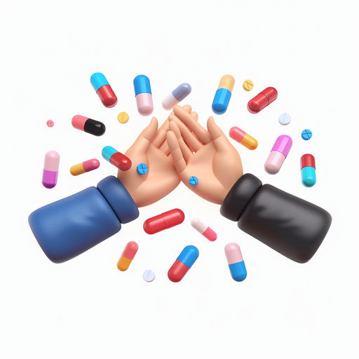 Two hands high-fiving with flying pills