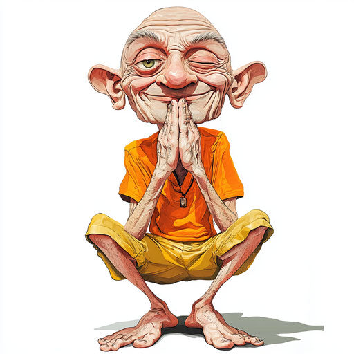 Humorous caricature of a praying caricature clipart with human characteristics, exaggerated thin lips, thin legs, tiny, vibrant colors, cartoon style, winking, high resolution, isolated