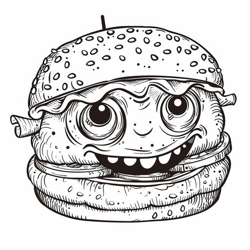 A whimsical cartoon burger with a smiling face and big eyes