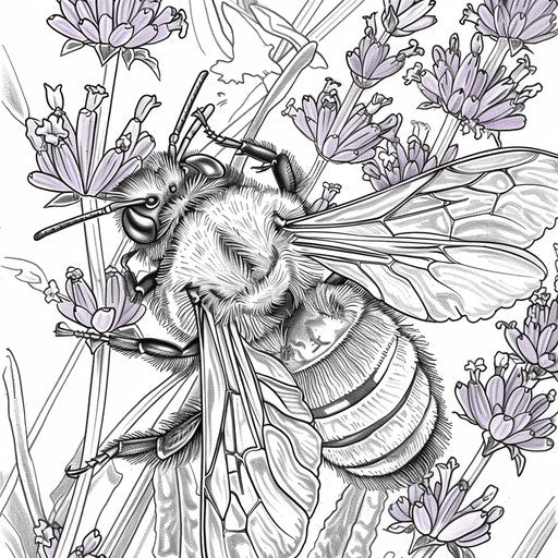 Bee on a lavender flower, detailed coloring book page