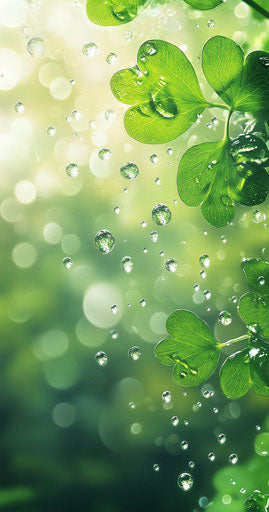 Green pattern leaf with water drops on blurred background