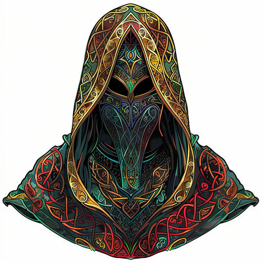 Dynamic flat tattoo sketch of a medieval hood with intricate Celtic knot patterns