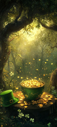 Treasure and green hat on table, surrounded by enchanted trees