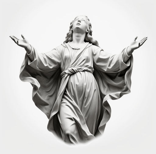 Image of person Mary with open arms, black and white drawing, geometric