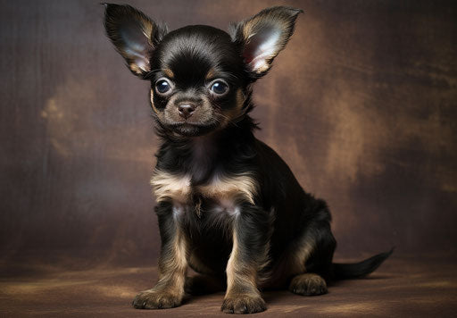 Chihuahua puppies puppy breeder in New Jersey, dark green and light black style, characterized animals, lively and energetic, anemoiacore, pseudo-realistic, exaggerated features, mottled 33:23