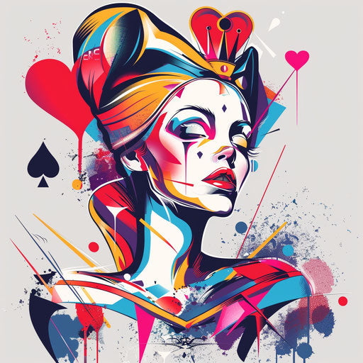 A pop art Queen of Hearts tattoo, bright colors and bold outlines