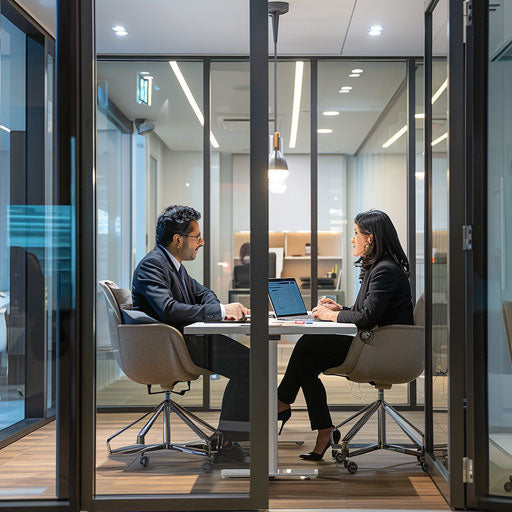 Financial advisor discussing investment plans with a client in a sleek meeting room