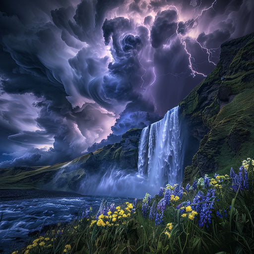 Waterfall in Iceland during a thunderstorm with dramatic clouds